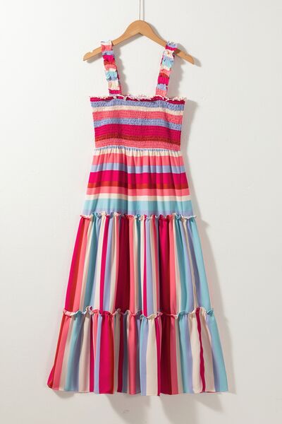 Striped Frill Smocked Tiered Midi Dress - Pahabu - Women's Clothing & Shop