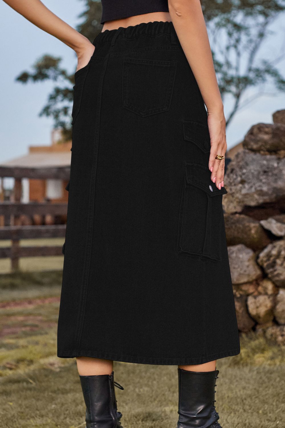 Slit Front Midi Denim Skirt with Pockets - Pahabu - Women's Clothing & Shop