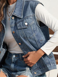 Collared Neck Sleeveless Denim Jacket - Pahabu - Women's Clothing & Shop