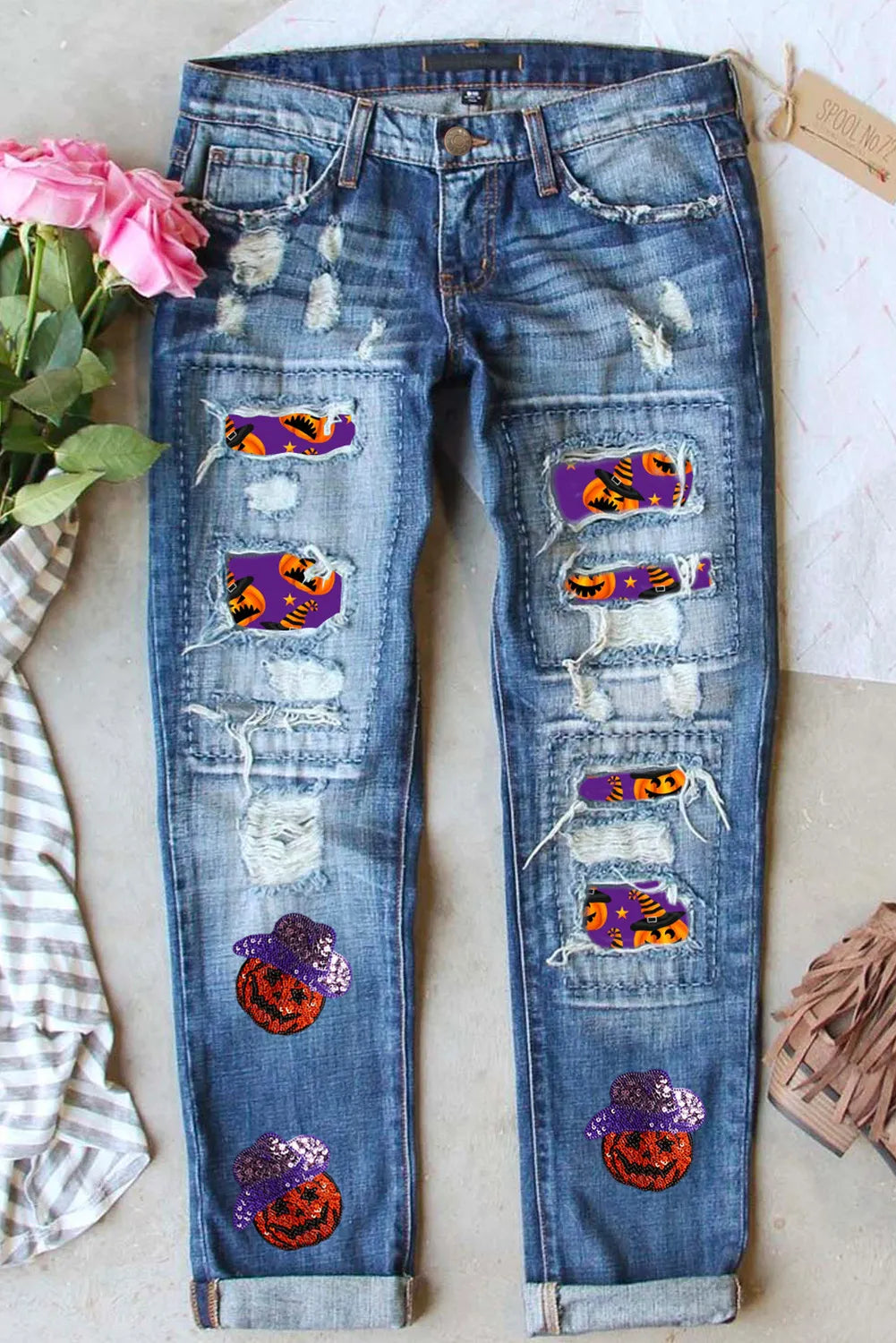 Distressed Sequin Pumpkin Jeans - Pahabu - Women's Clothing & Shop