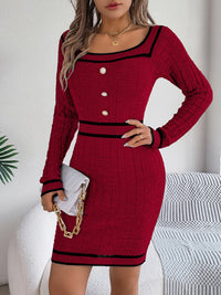 Contrast Trim Long Sleeve Sweater Dress - Pahabu - Women's Clothing & Shop