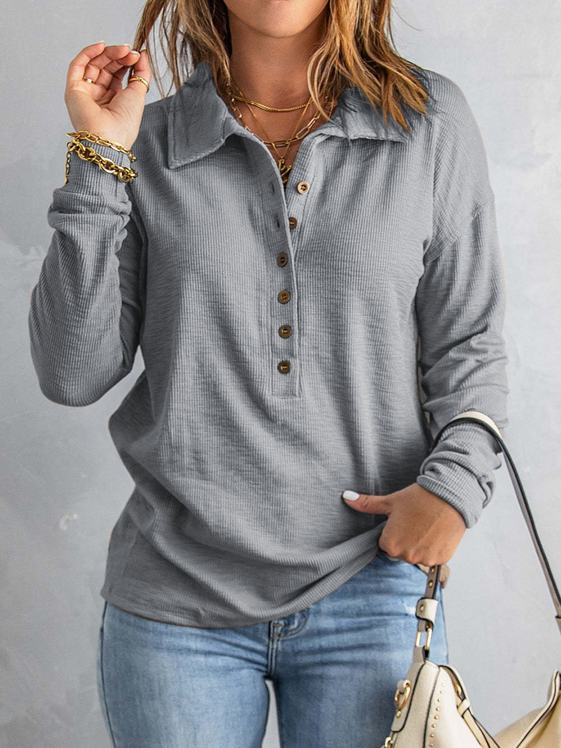 Collared Neck Half Button Top - Pahabu - Women's Clothing & Shop