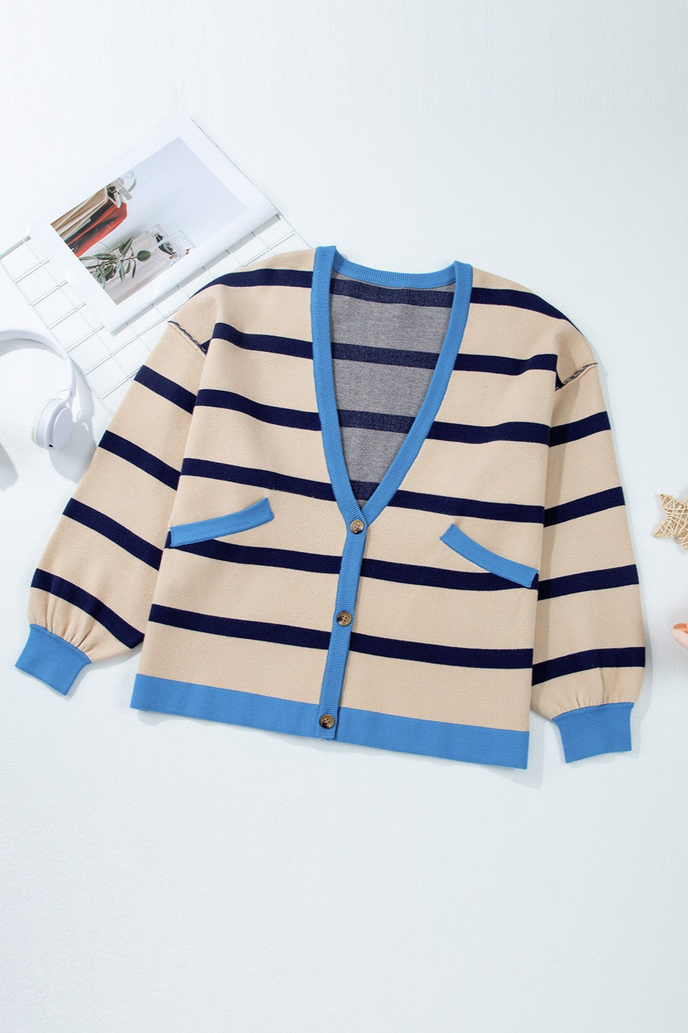 Striped Button Up Long Sleeve Cardigan - Pahabu - Women's Clothing & Shop
