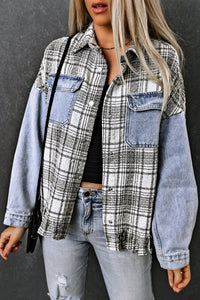 Plaid Pocketed Snap Down Denim Jacket - Pahabu - Women's Clothing & Shop