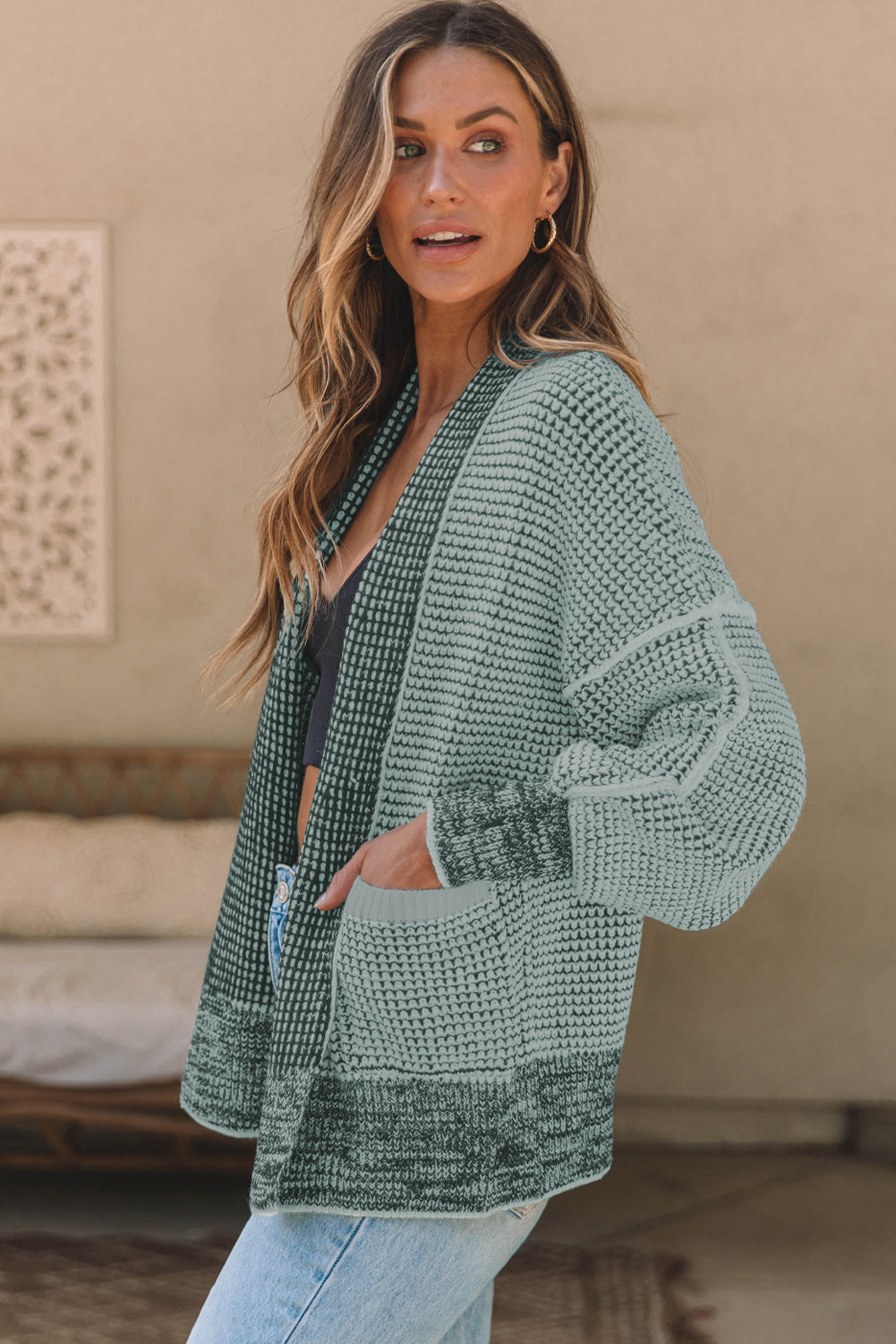 Waffle-knit Pocketed Open Front Cardigan - Pahabu - Women's Clothing & Shop