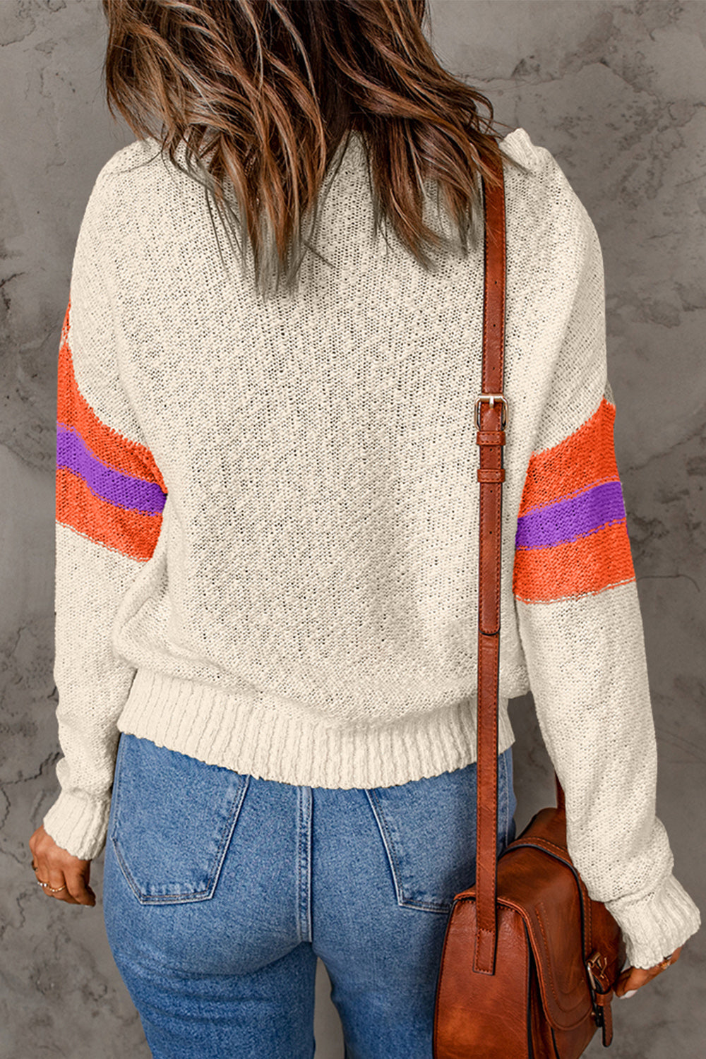 Contrast Round Neck Dropped Shoulder Sweater - Pahabu - Women's Clothing & Shop