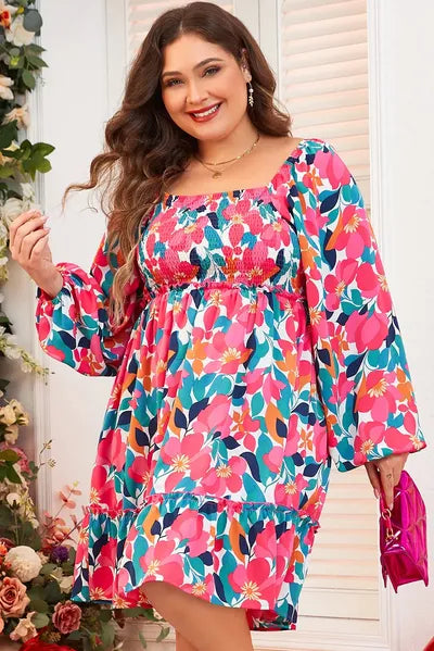 Plus Size Smocked Floral Square Neck Balloon Sleeve Dress - Pahabu - Women's Clothing & Shop