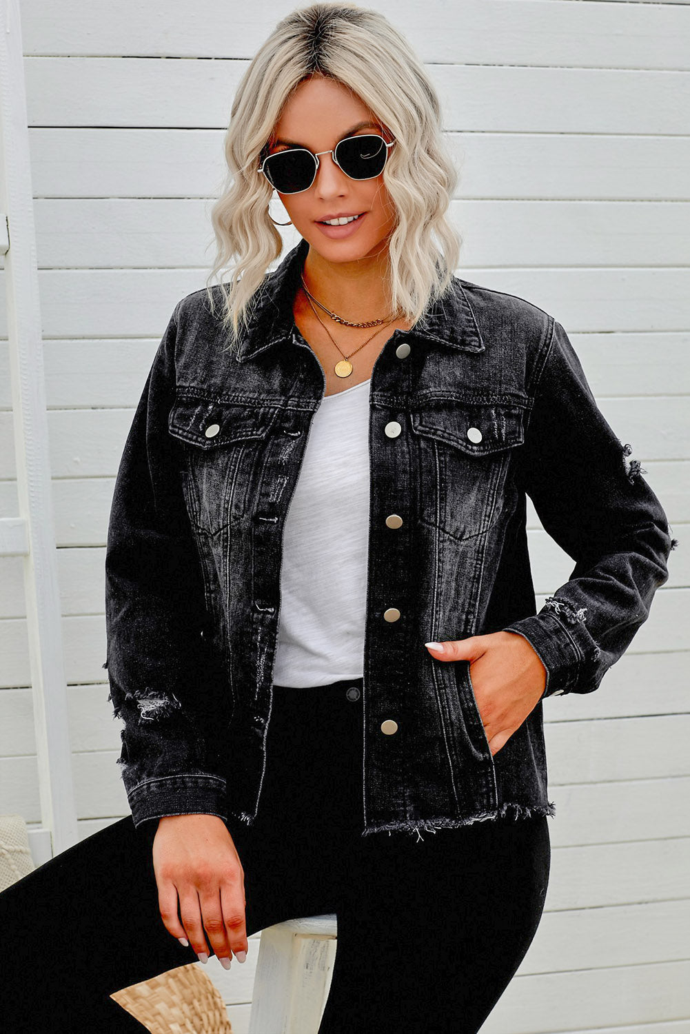 Distressed Raw Hem Denim Jacket - Pahabu - Women's Clothing & Shop