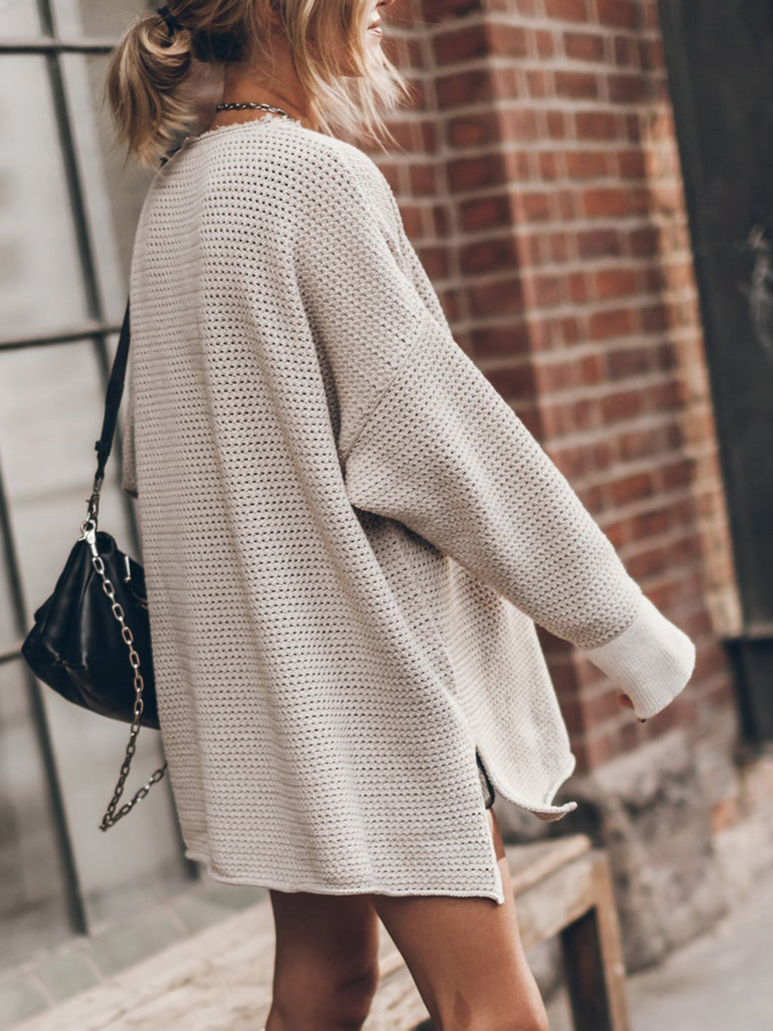 Openwork Round Neck Long Sleeve Slit Sweater - Pahabu - Women's Clothing & Shop