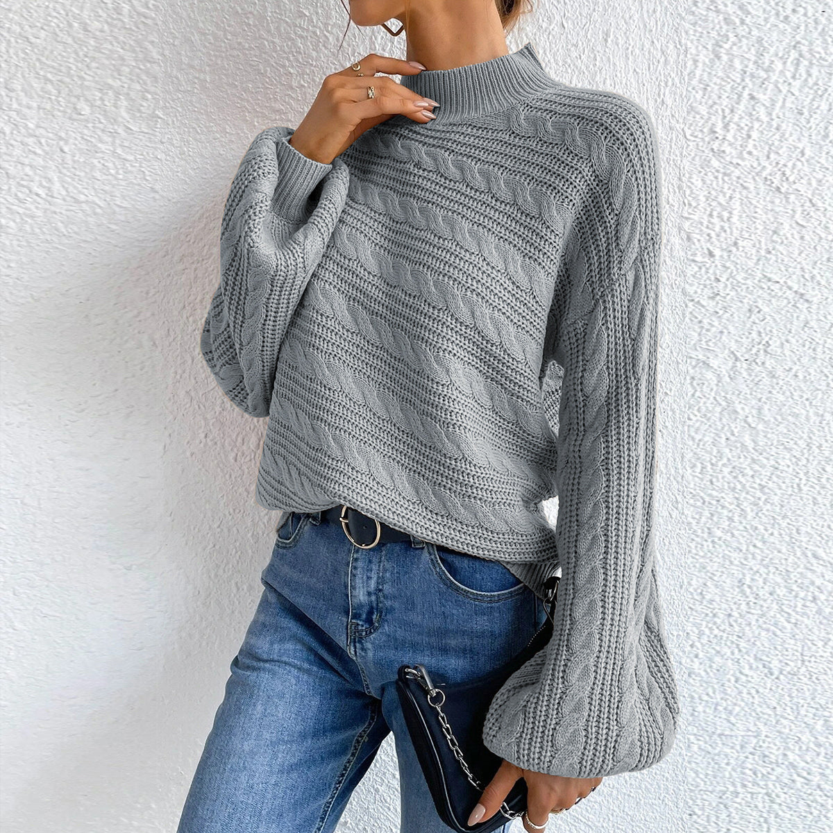 Cable-Knit Mock Neck Long Sleeve Sweater - Pahabu - Women's Clothing & Shop