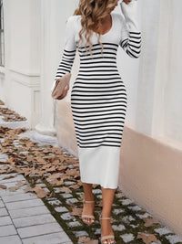 Devine Striped V-Neck Long Sleeve Sweater Dress - Pahabu - Women's Clothing & Shop