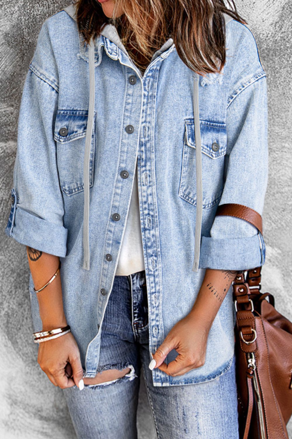 Distressed Button Up Hooded Denim Jacket with Pockets - Pahabu - Women's Clothing & Shop