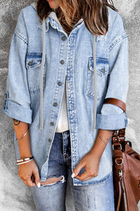 Distressed Button Up Hooded Denim Jacket with Pockets - Pahabu - Women's Clothing & Shop