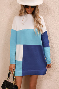 Color Block Mock Neck Dropped Shoulder Sweater Dress - Pahabu - Women's Clothing & Shop