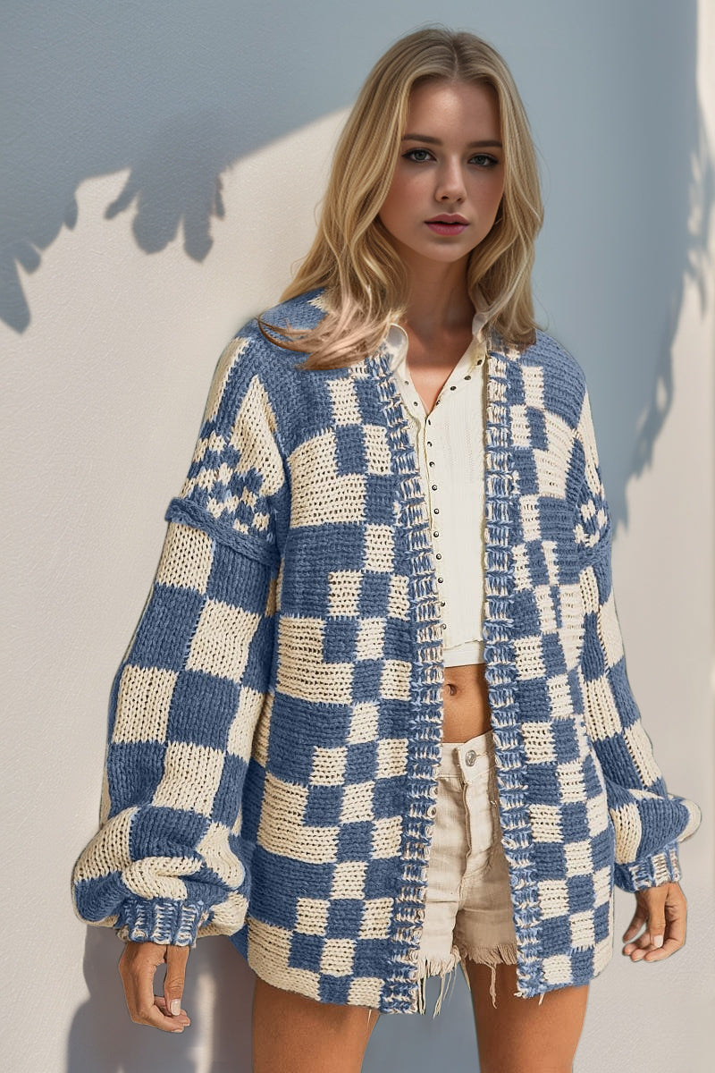 Double Take Full Size Open Front Checkered Drop Shoulder Cardigan - Pahabu - Women's Clothing & Shop