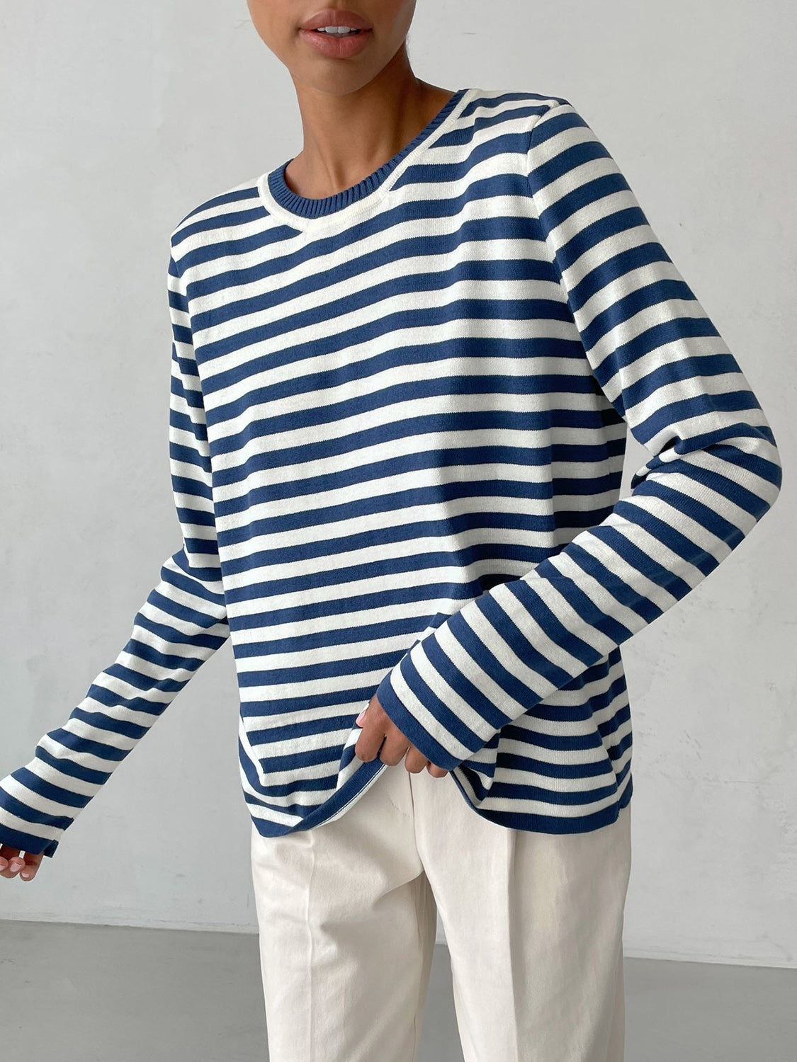 Striped Round Neck Long Sleeve Sweater - Pahabu - Women's Clothing & Shop