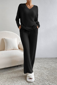 Ribbed V-Neck Top and Pants Lounge Set - Pahabu - Women's Clothing & Shop