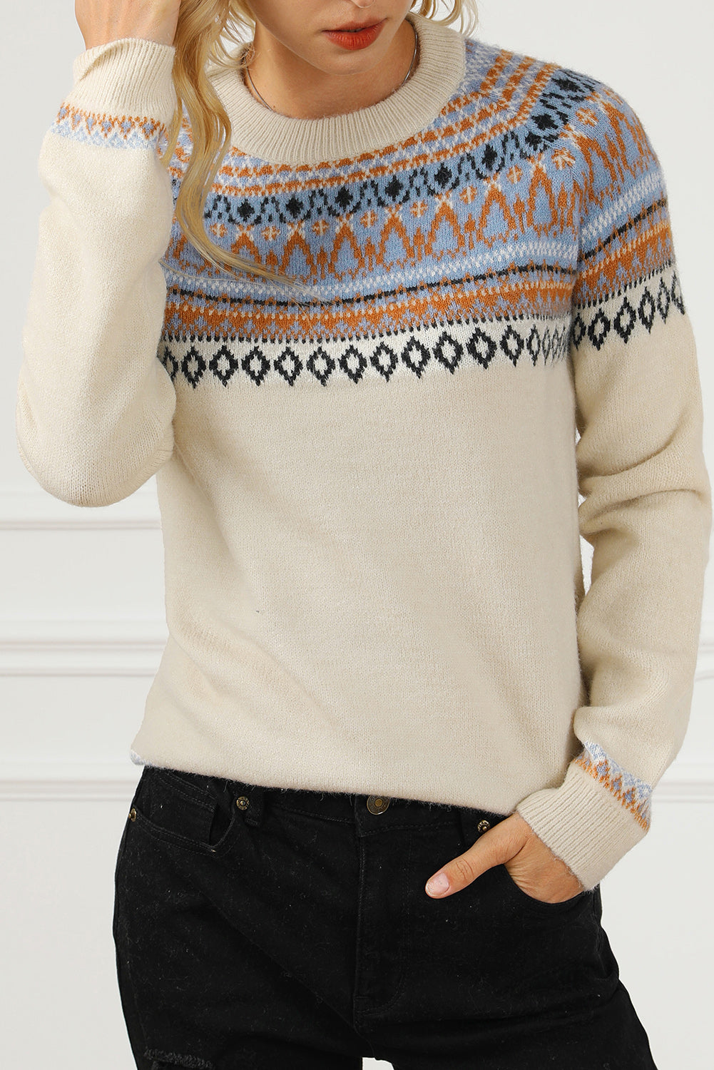 Geometric Round Neck Long Sleeve Sweater - Pahabu - Women's Clothing & Shop
