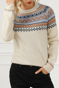 Geometric Round Neck Long Sleeve Sweater - Pahabu - Women's Clothing & Shop