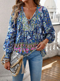 Devine Bohemian Tie Neck Lantern Sleeve Blouse - Pahabu - Women's Clothing & Shop