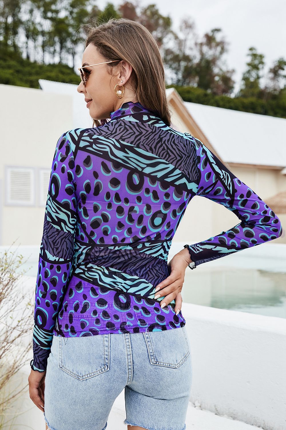 Printed Mock Neck Long Sleeve Blouse - Pahabu - Women's Clothing & Shop