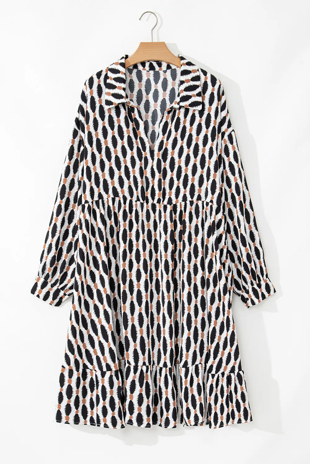 Plus Size Printed Johnny Collar Long Sleeve Dress - Pahabu - Women's Clothing & Shop