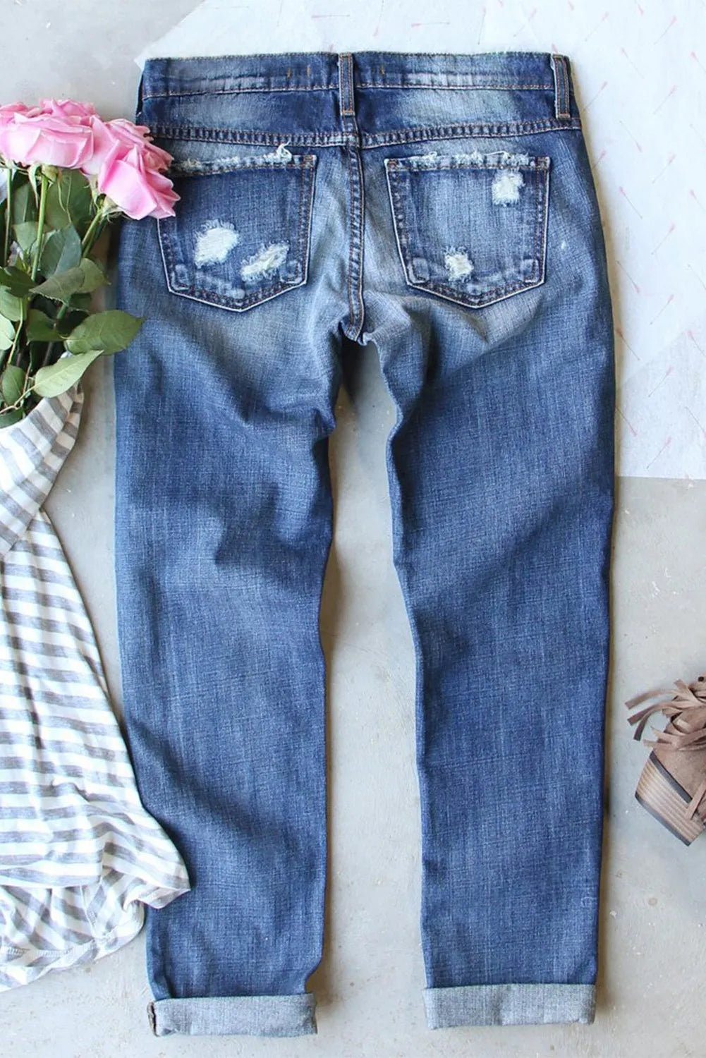 Distressed Football Straight Jeans - Pahabu - Women's Clothing & Shop