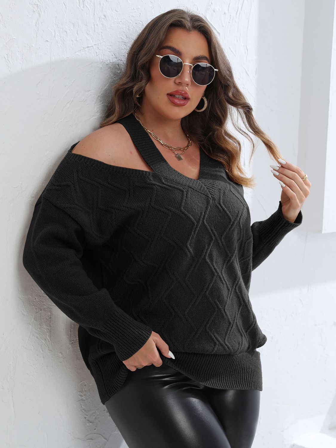 Plus Size Cutout V-Neck Sweater - Pahabu - Women's Clothing & Shop