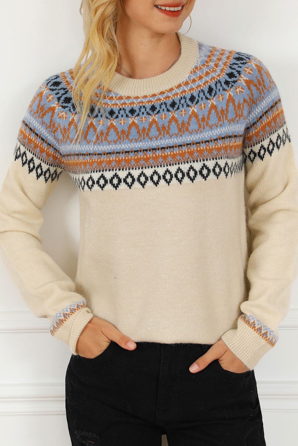 Geometric Round Neck Long Sleeve Sweater - Pahabu - Women's Clothing & Shop