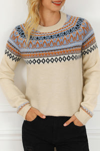 Geometric Round Neck Long Sleeve Sweater - Pahabu - Women's Clothing & Shop