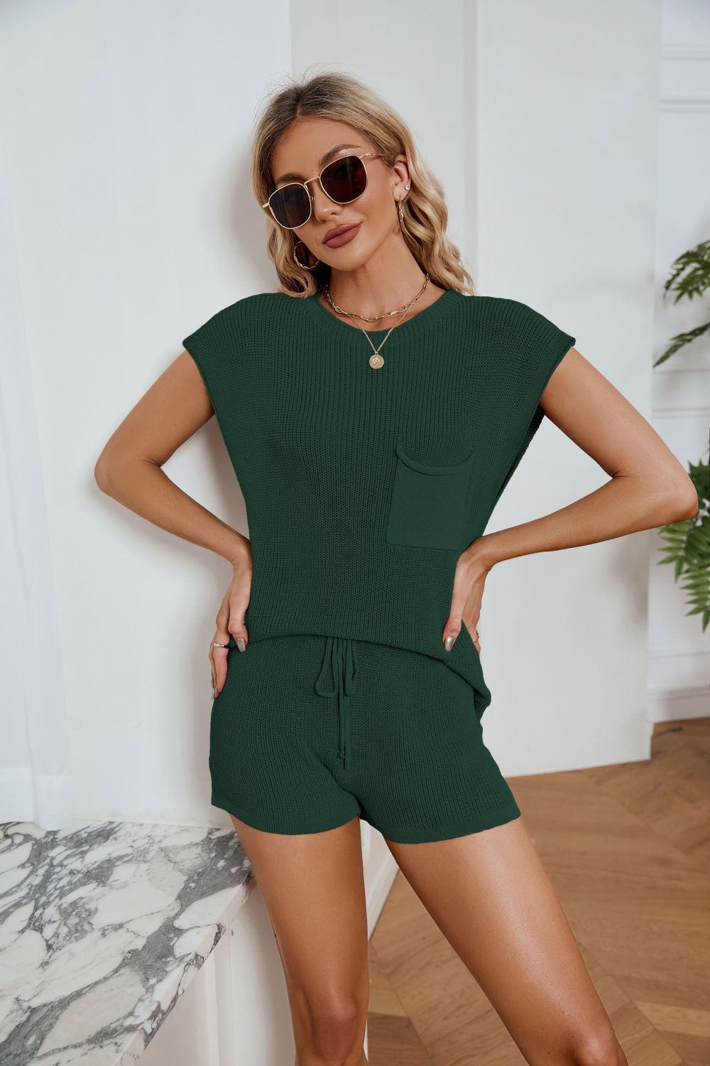Round Neck Knit Top and Drawstring Shorts Set - Pahabu - Women's Clothing & Shop