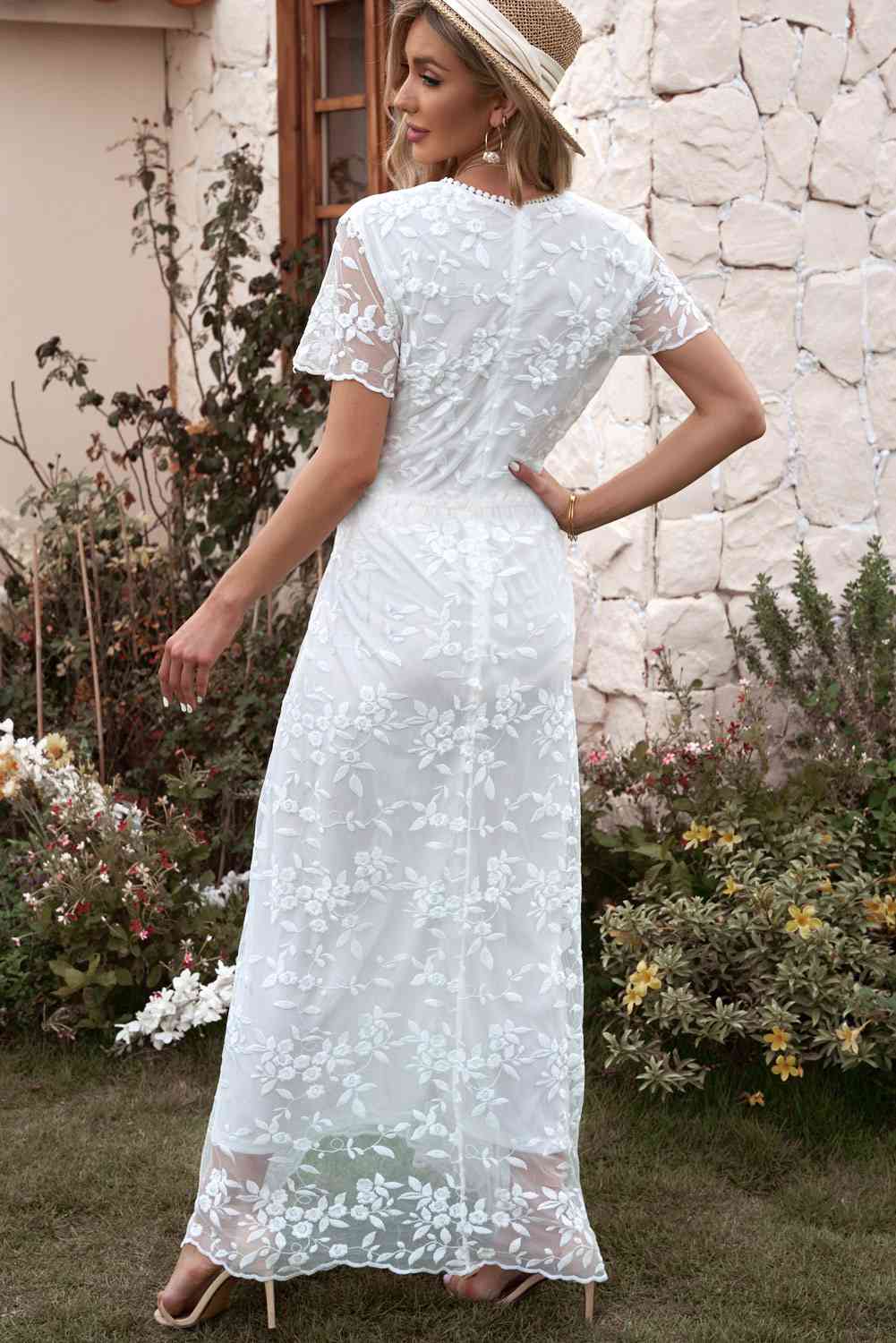 Embroidered Short Sleeve Surplice Neck Maxi Dress - Pahabu - Women's Clothing & Shop