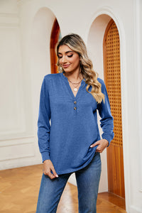 Buttoned Notched Neck Long Sleeve Top - Pahabu - Women's Clothing & Shop