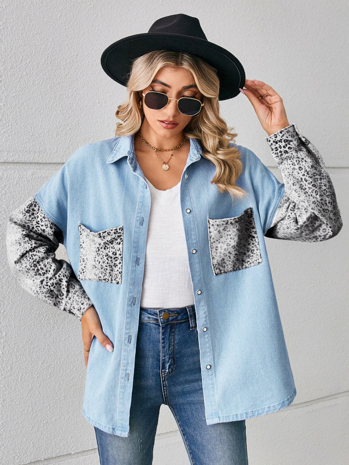 Leopard Button Up Denim Jacket - Pahabu - Women's Clothing & Shop