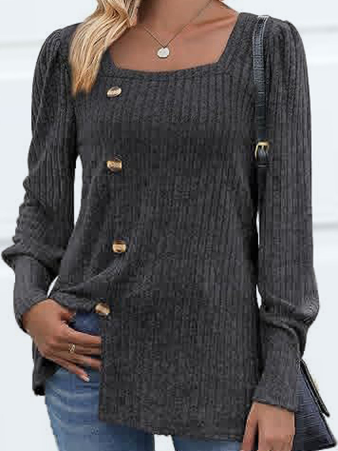 Decorative Button Square Neck Top - Pahabu - Women's Clothing & Shop