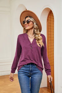 Buttoned Notched Neck Long Sleeve Top - Pahabu - Women's Clothing & Shop