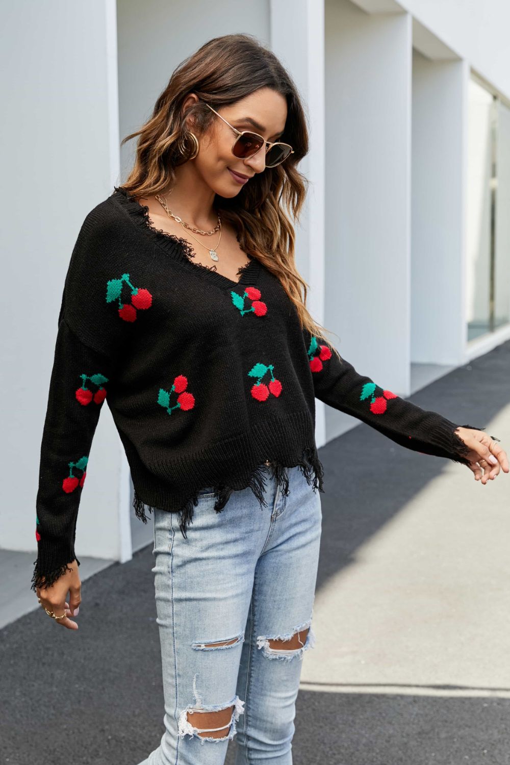 Cherry Pattern Frayed Trim V-Neck Sweater - Pahabu - Women's Clothing & Shop