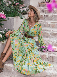 Printed Tie Neck Long Sleeve Maxi Dress - Pahabu - Women's Clothing & Shop