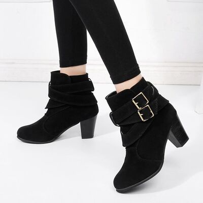 Suede Block Heel Ankle Boots - Pahabu - Women's Clothing & Shop