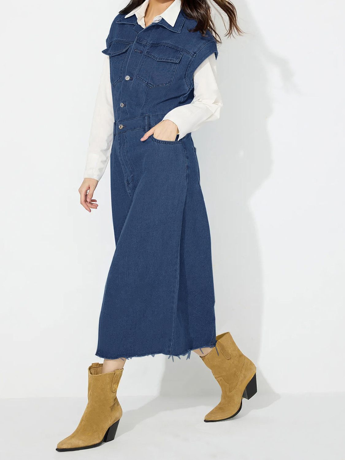 Slit Half Button Collared Neck Cap Sleeve Denim Dress - Pahabu - Women's Clothing & Shop