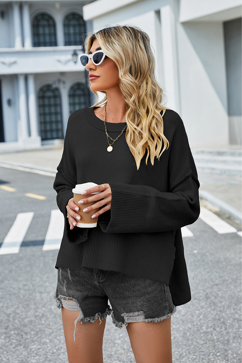 High-Low Slit Round Neck Long Sleeve Sweater - Pahabu - Women's Clothing & Shop