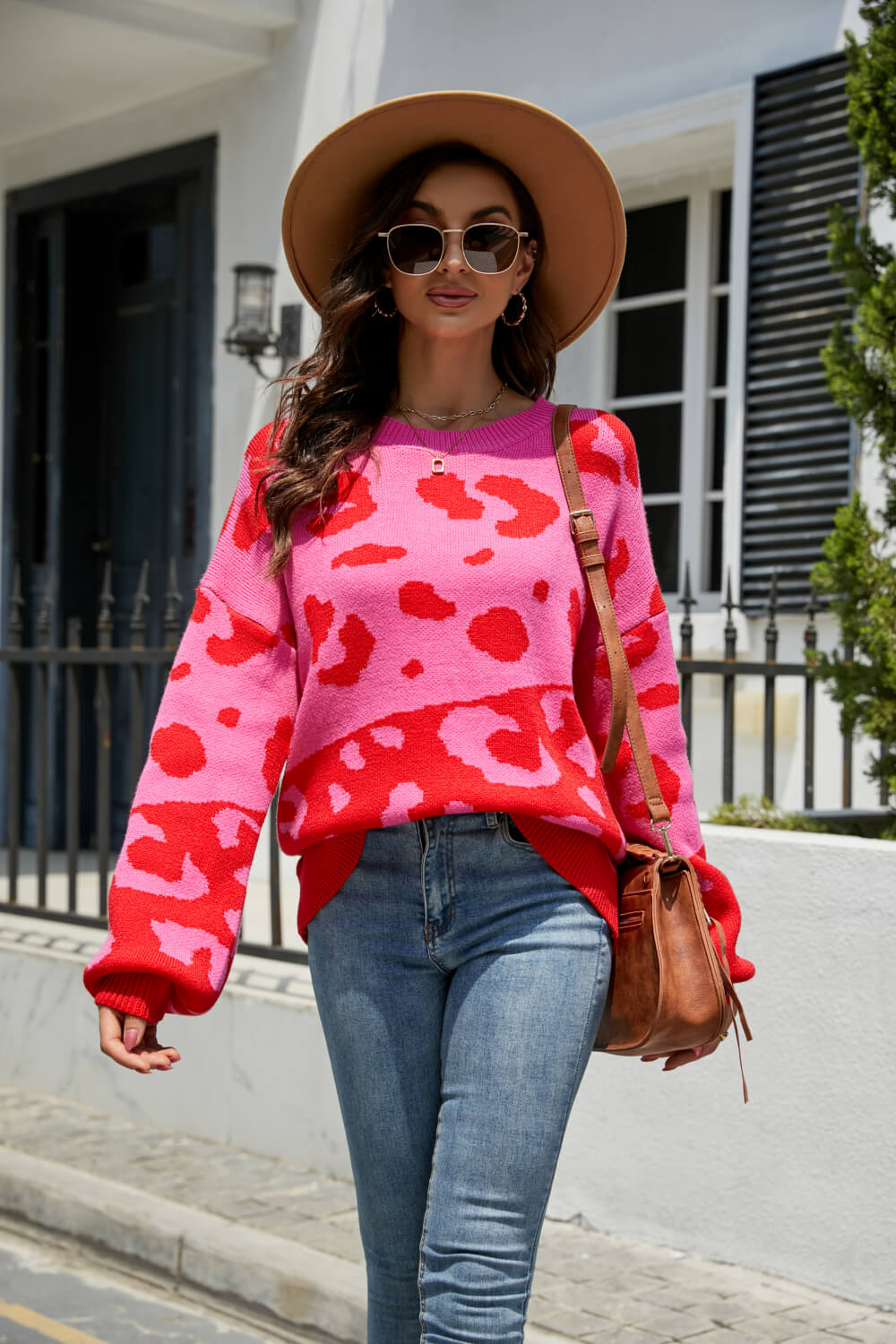 Woven Right Leopard Ribbed Trim Dropped Shoulder Sweater - Pahabu - Women's Clothing & Shop