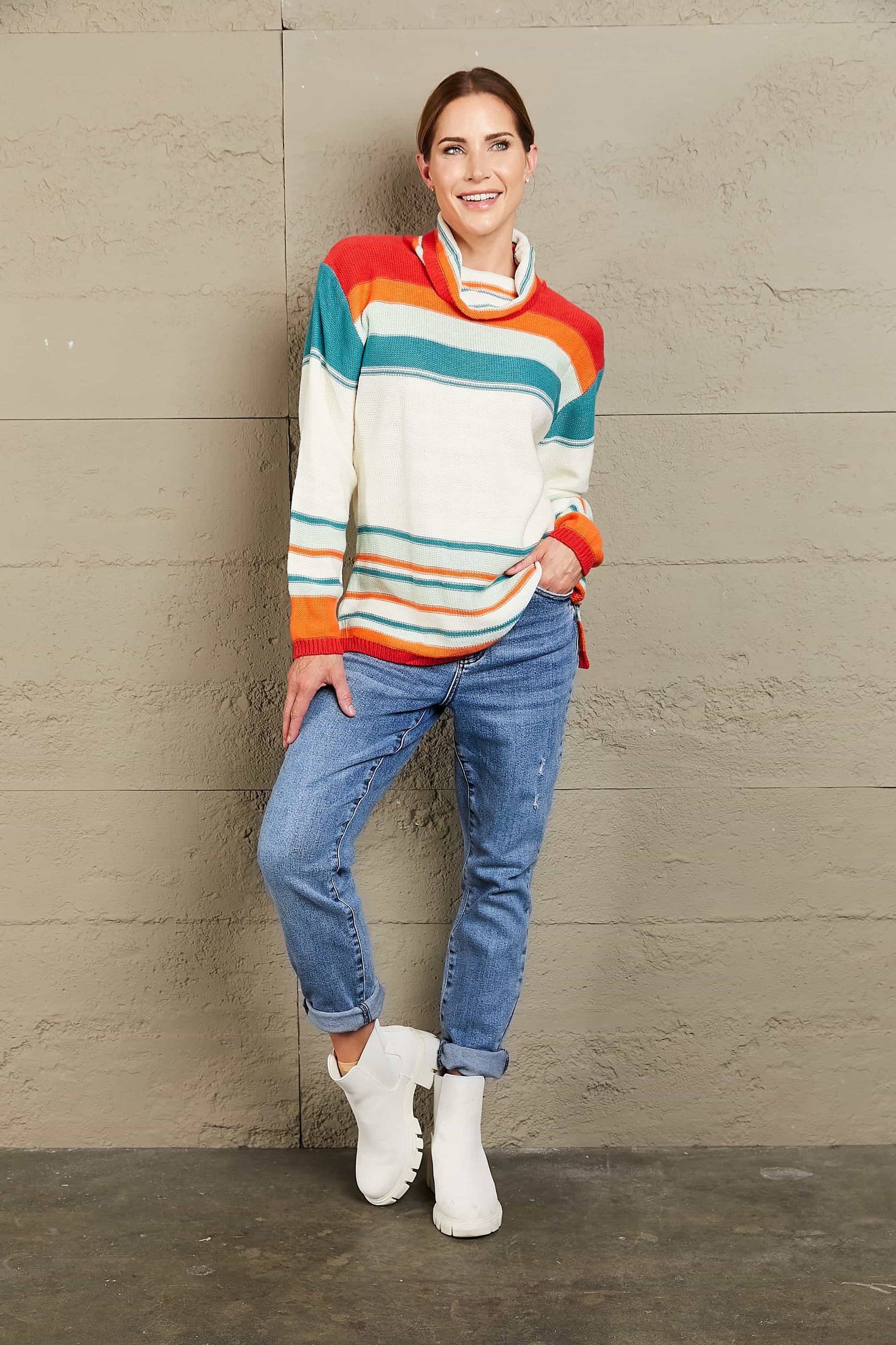 Woven Right Striped Turtleneck Drop Shoulder Sweater - Pahabu - Women's Clothing & Shop