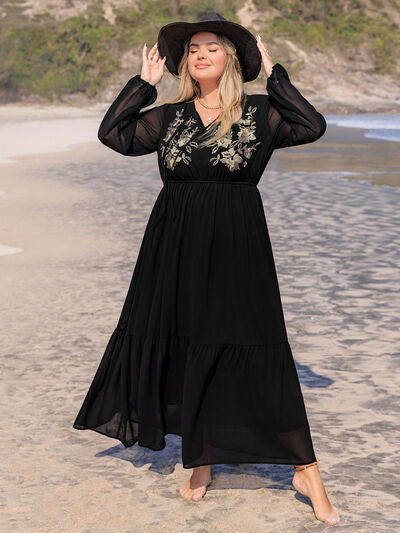 Plus Size Embroidered Tie Neck Long Sleeve Dress - Pahabu - Women's Clothing & Shop