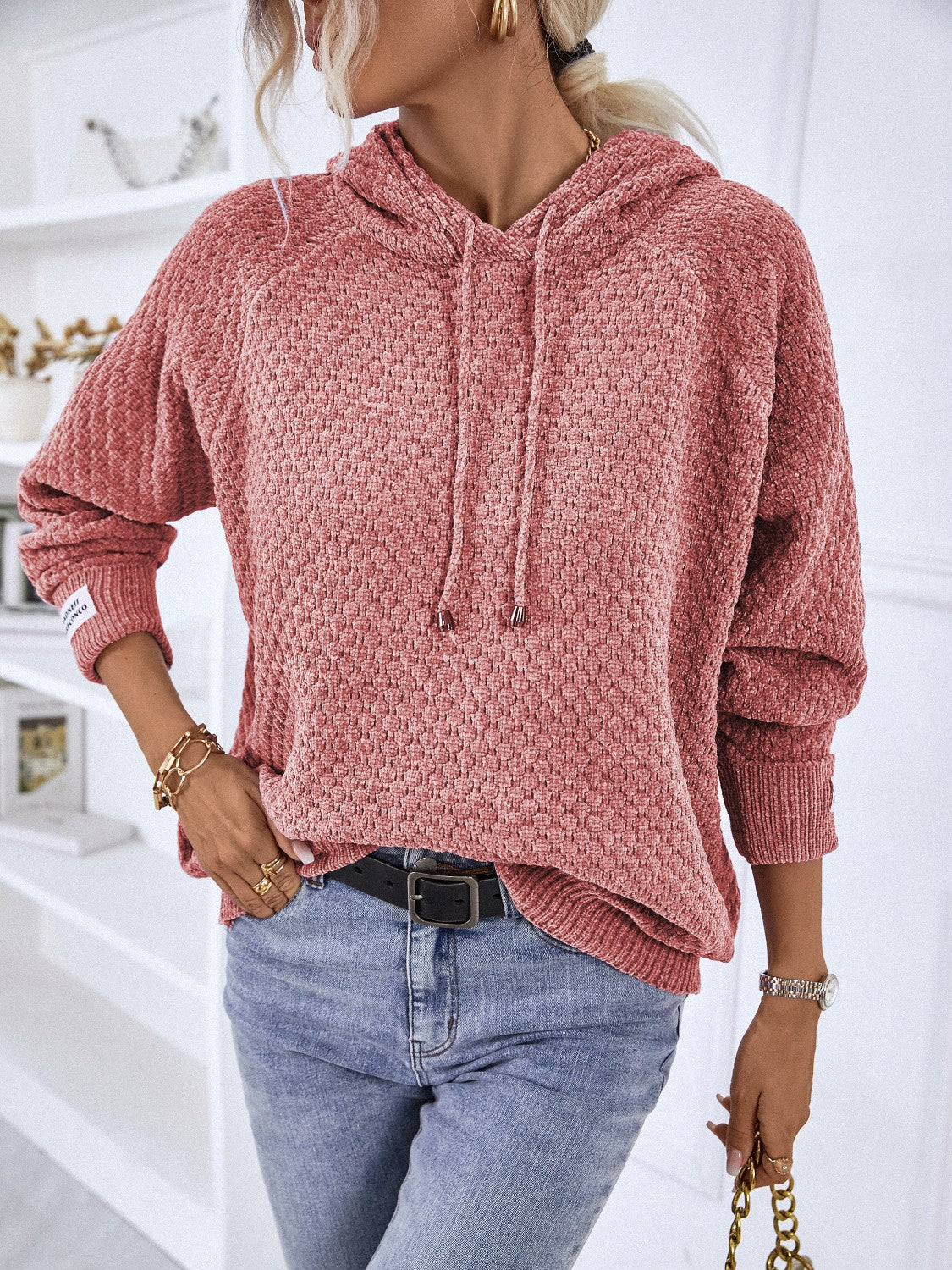 Texture Drawstring Long Sleeve Hooded Sweater - Pahabu - Women's Clothing & Shop