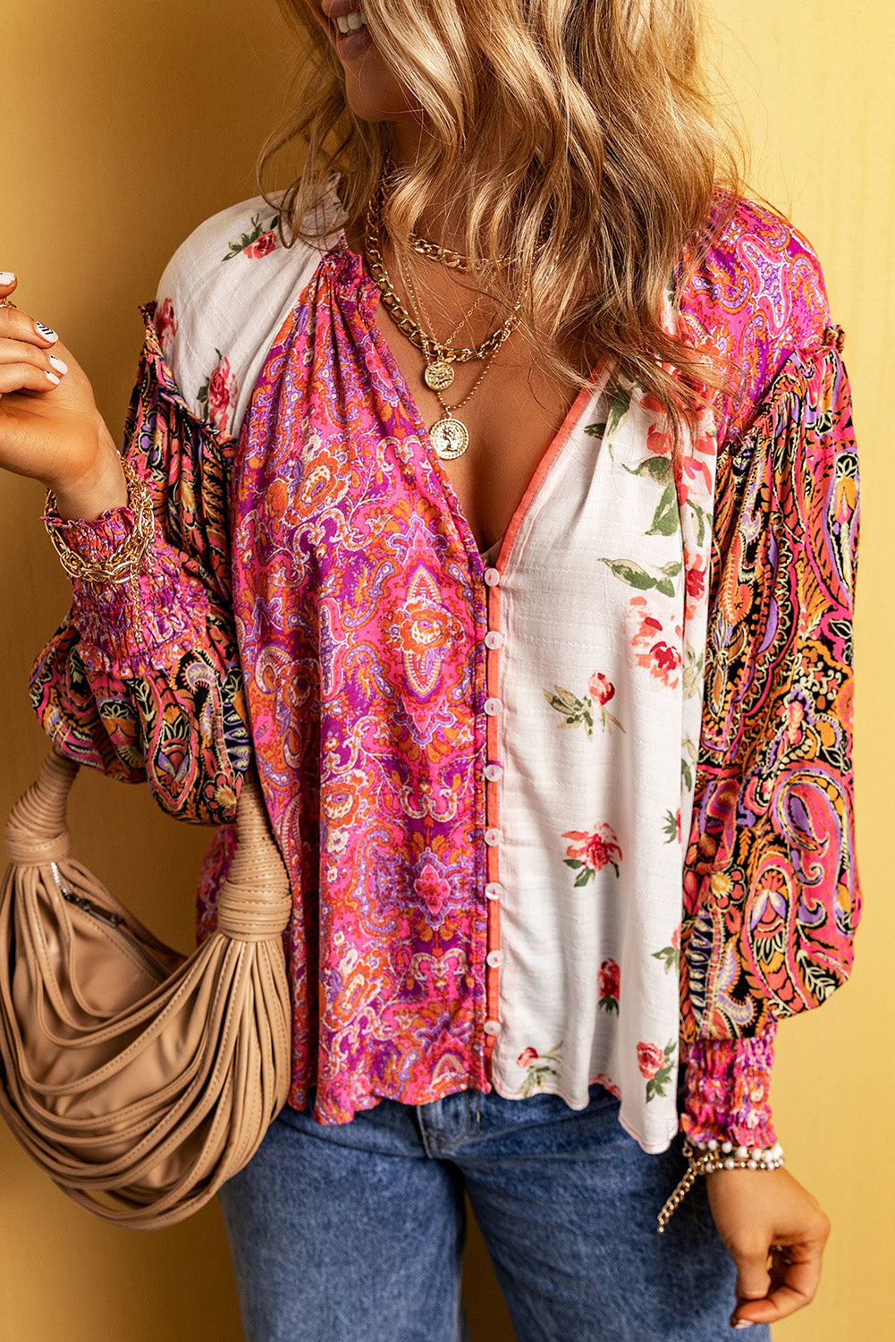 Multicolor Floral Notched Neck Lantern Sleeve Blouse - Pahabu - Women's Clothing & Shop
