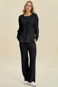 Double Take Full Size Cable-Knit Long Sleeve Top and Pants Set