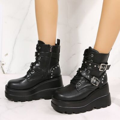 PU Leather Wedge Boots with Side Zip - Pahabu - Women's Clothing & Shop