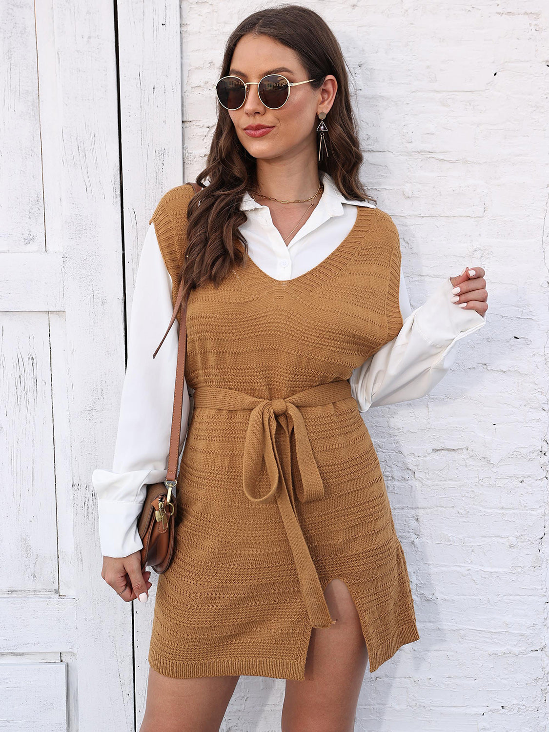 Tie Front V-Neck Sleeveless Slit Sweater Dress - Pahabu - Women's Clothing & Shop