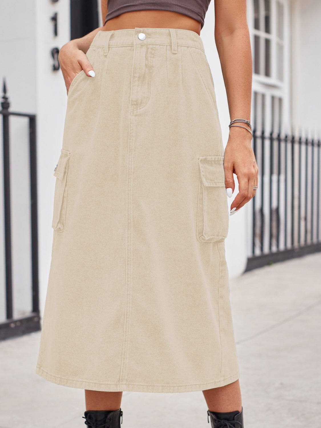 Slit Buttoned Denim Skirt with Pockets - Pahabu - Women's Clothing & Shop